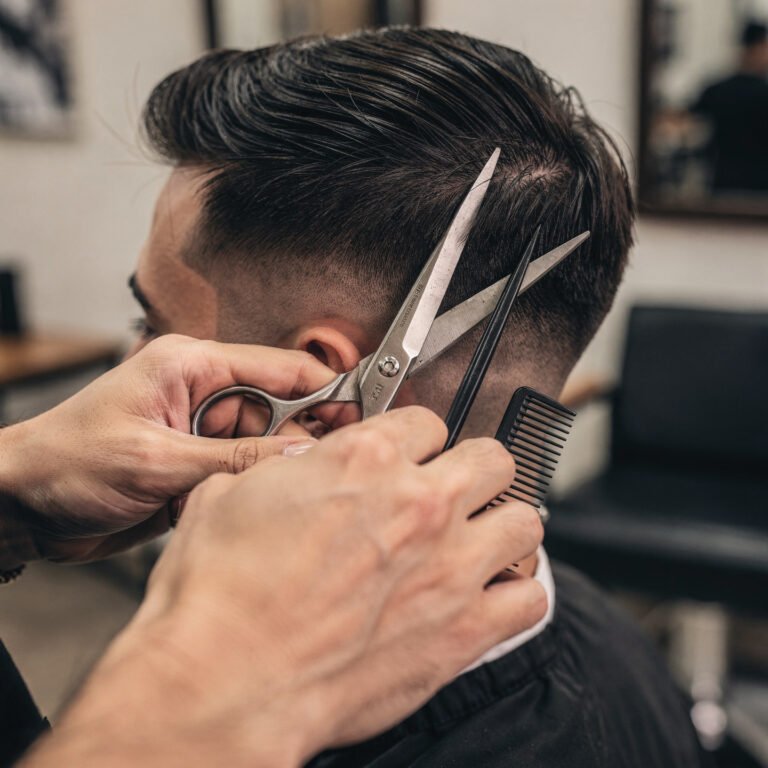 flux pro 2.0 barber cutting hair with scissors and comb close up on hands and haircut details 0