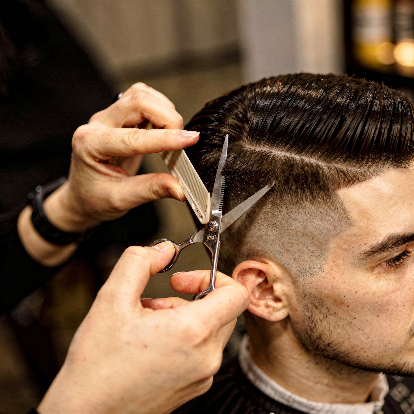 flux pro 2.0 extreme close up of a barber cutting a client’s hair with scissors and comb fo 0