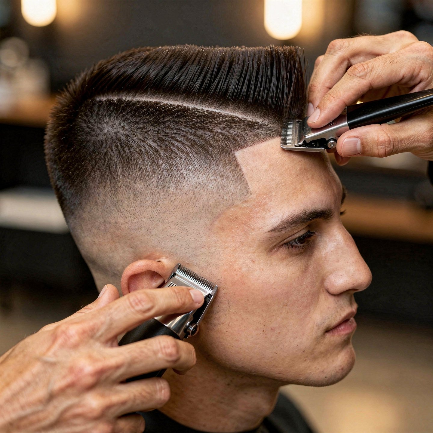 flux pro 2.0 extreme close up of a barber defining sharp hairline with trimmer focus on clean 0