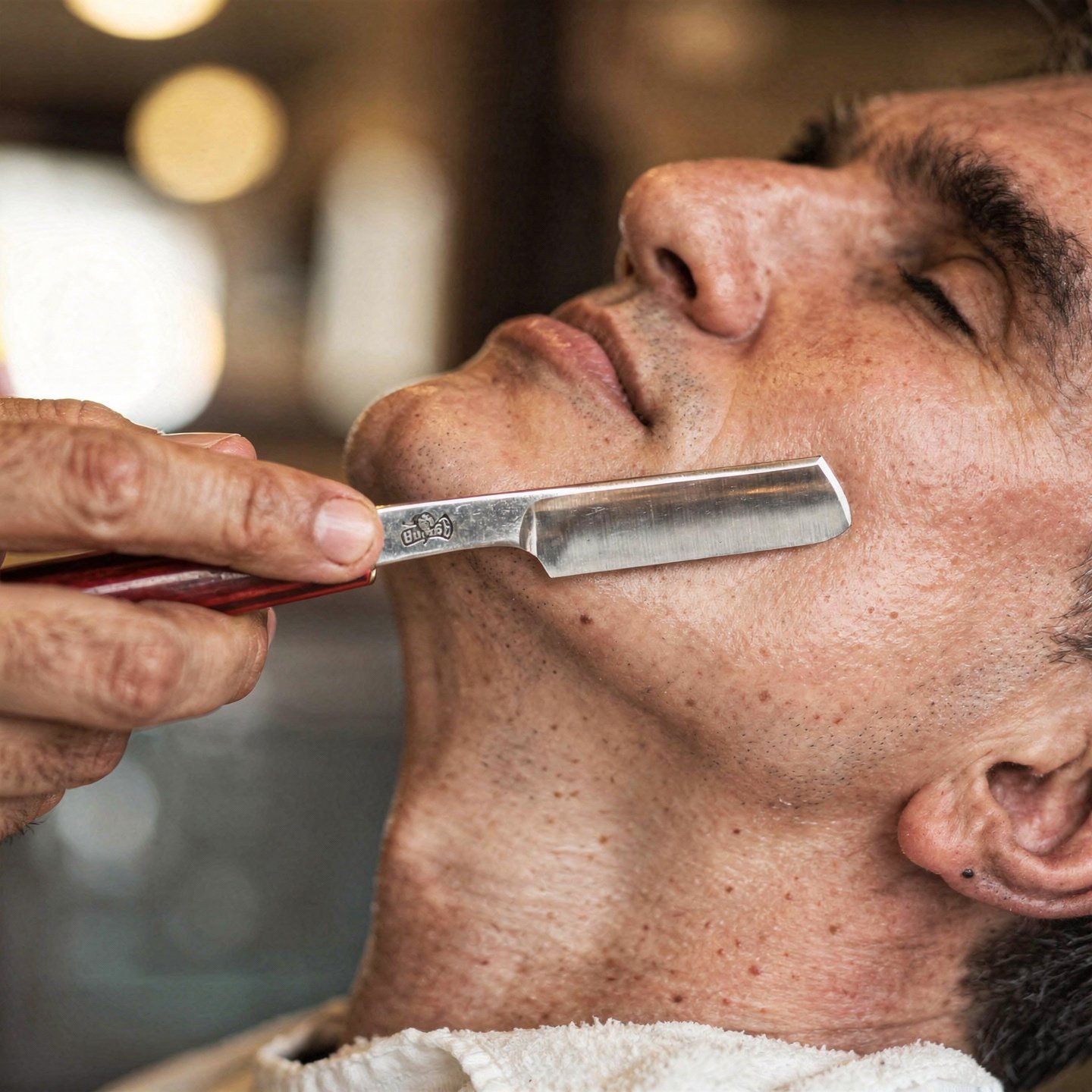 flux pro 2.0 extreme close up of a barber performing a traditional shave with a straight razo 0