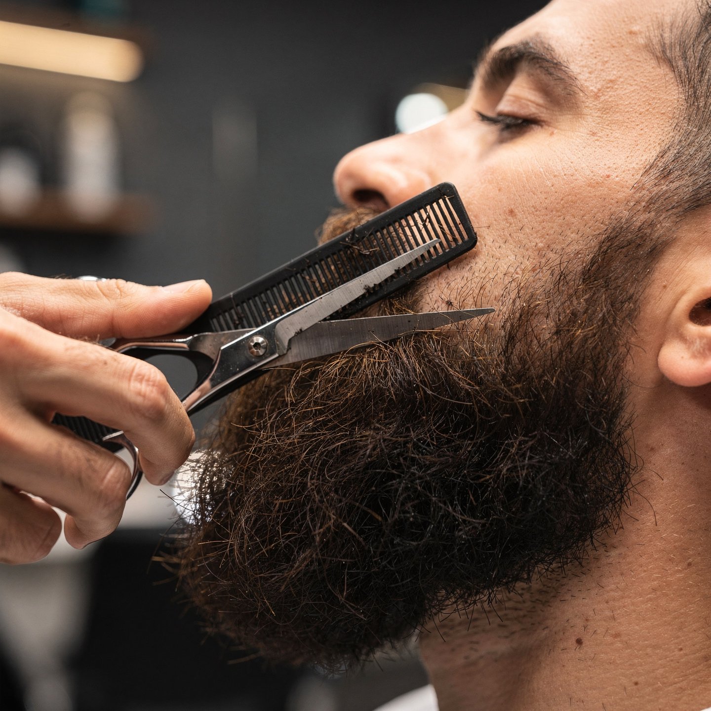 flux pro 2.0 extreme close up of a barber trimming a beard with scissors and comb focus on be 0