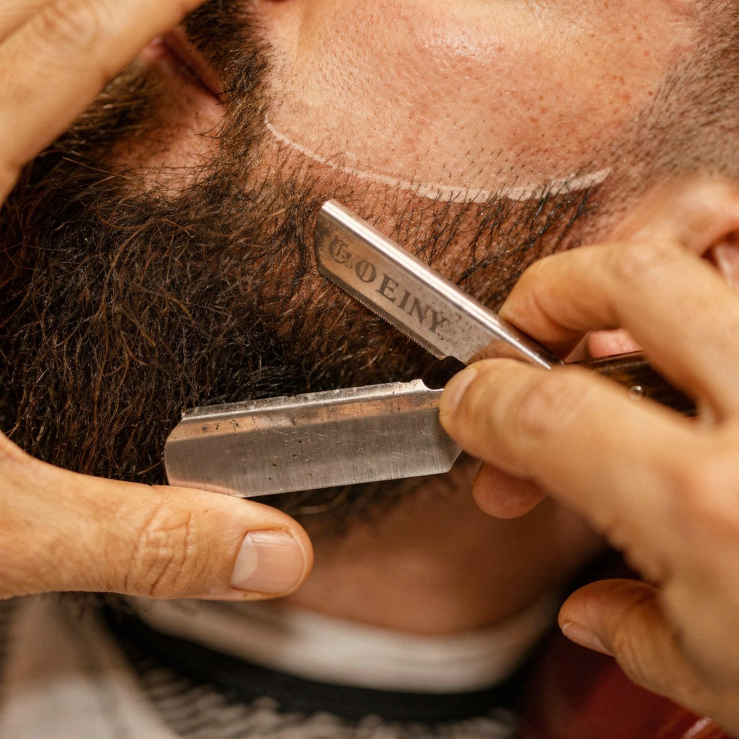 flux pro 2.0 extreme close up of a barber trimming and shaping a beard with scissors and comb 0