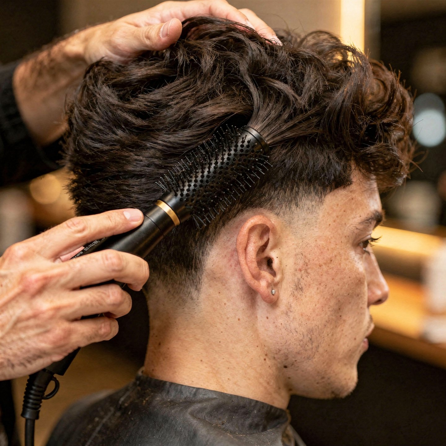 flux pro 2.0 extreme close up of a barber using a hair dryer and round brush to style hair fo 0