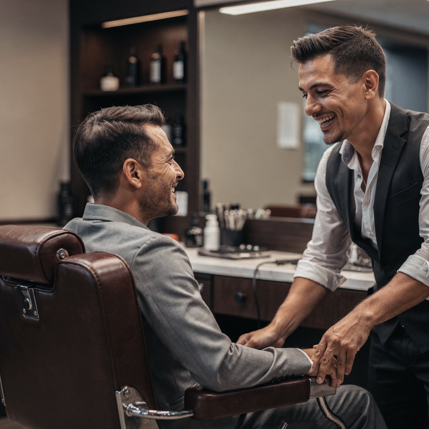 flux pro 2.0 professional barber smiling while talking to a client friendly interaction moder 0